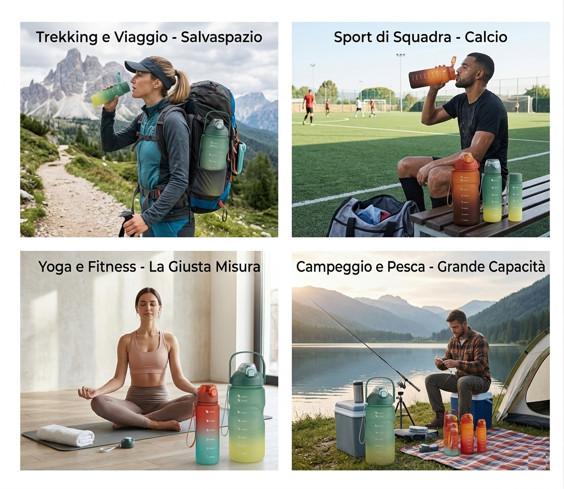 Set 4 Borraccia Sportiva Graduata Motivazionale 3.3L /1.5L/ 0.8L/0.28L con Cannuccia, Set di 4 Bottiglie per Acqua e Bevande, Grande Capacità, senza BPA, Portatile, per Campeggio, Fitness, Sport, Calcio, Pallavolo, Viaggio, Ufficio