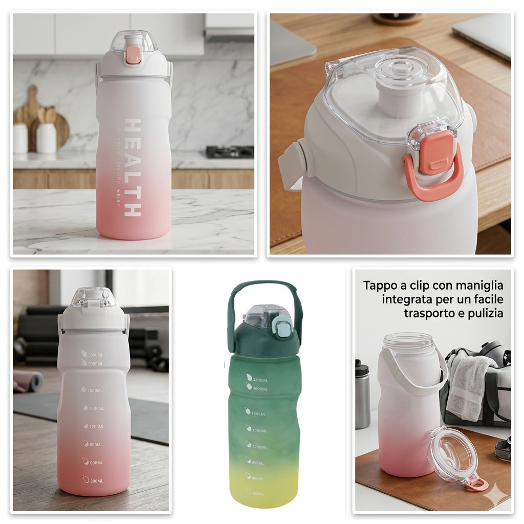 Set 4 Borraccia Sportiva Graduata Motivazionale 3.3L /1.5L/ 0.8L/0.28L con Cannuccia, Set di 4 Bottiglie per Acqua e Bevande, Grande Capacità, senza BPA, Portatile, per Campeggio, Fitness, Sport, Calcio, Pallavolo, Viaggio, Ufficio