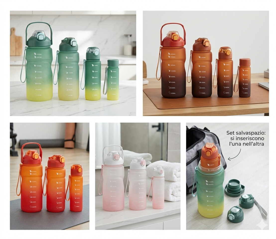Set 4 Borraccia Sportiva Graduata Motivazionale 3.3L /1.5L/ 0.8L/0.28L con Cannuccia, Set di 4 Bottiglie per Acqua e Bevande, Grande Capacità, senza BPA, Portatile, per Campeggio, Fitness, Sport, Calcio, Pallavolo, Viaggio, Ufficio