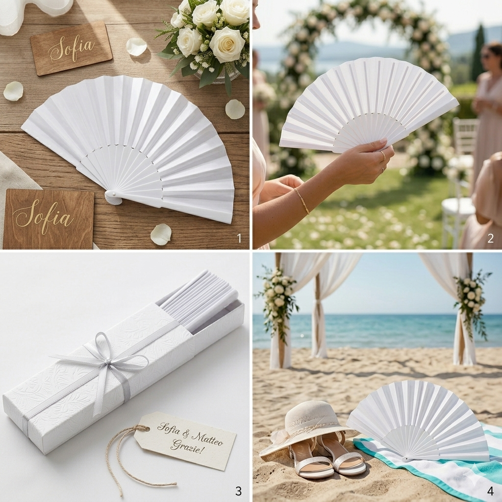 Ventaglio Bianco per Matrimonio Wedding Sposa Cerimonia Elegante Pieghevole In Tessuto Ventagli per Invitati Eventi Festa Estate Bomboniera Romantic Style