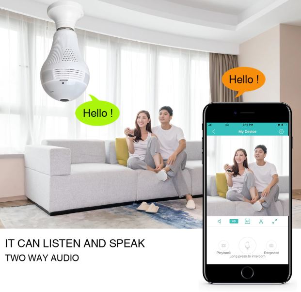 Telecamera WiFi Lampadina E27 LED Con Audio Bidirezionale E Visione Panoramica 360°, Per Casa E Ufficio, Risoluzione 960P