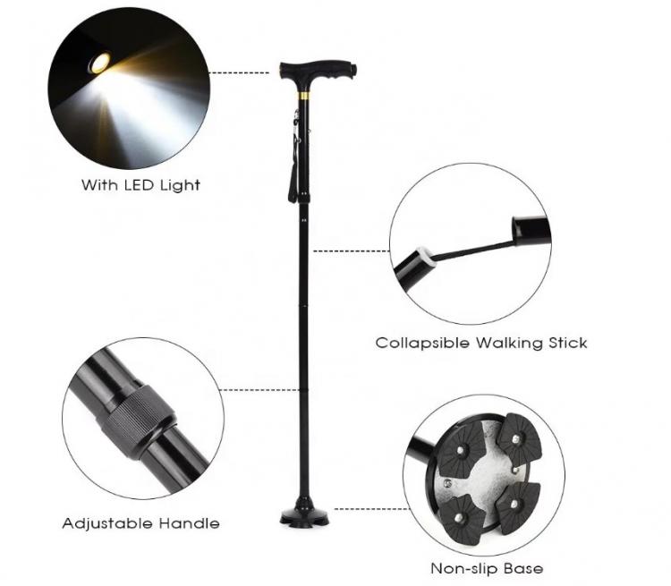 BASTONE LED PASSEGGIO ANZIANI DISABILI CON PIEDI GOMMA LUCE ALTEZZA REGOLABILE