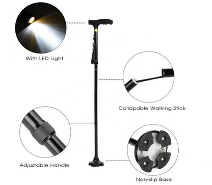 BASTONE LED PASSEGGIO ANZIANI DISABILI CON PIEDI GOMMA LUCE ALTEZZA REGOLABILE