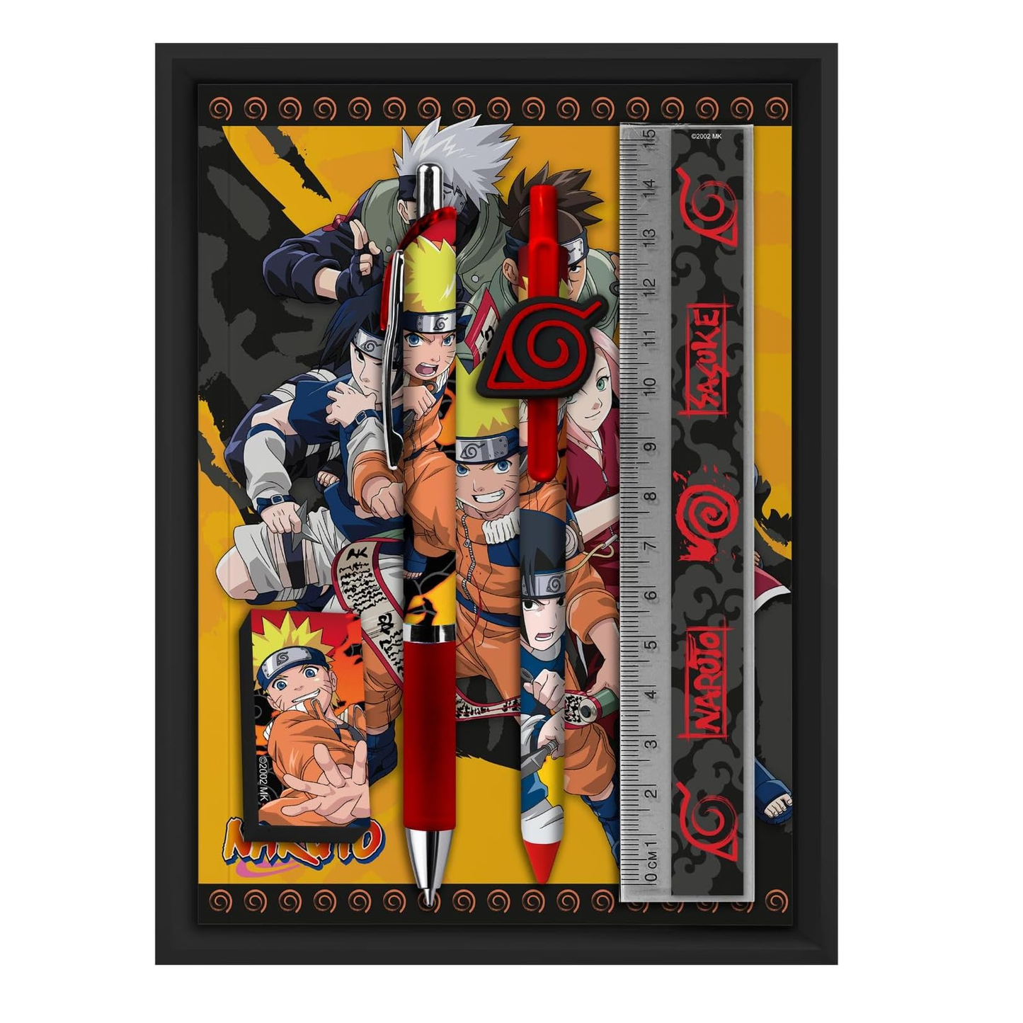 Set Scolastico Naruto: 2 Penne 1 Righello 1 Gomma Da Cancellare + Quadernino