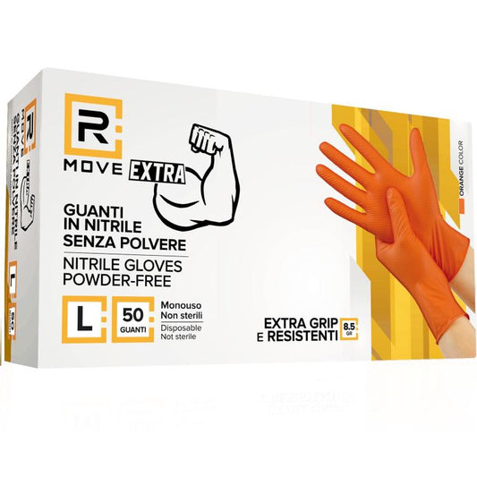 Rmove 50Pz 8.5Gr Da Lavoro Guanti Nitrile Arancione Senza Polvere Full Grip (L)