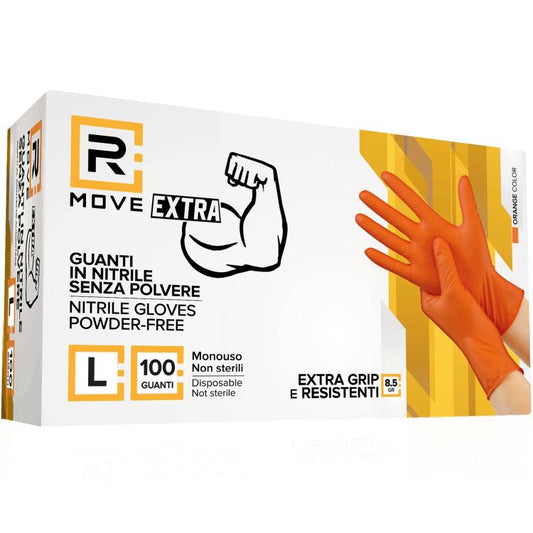Rmove 100Pz 8.5Gr Da Lavoro Guanti Nitrile Arancione Senza Polvere Full Grip (L)