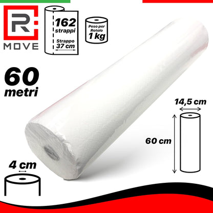 R MOVE 6 Rotoli Carta per Lettino Massaggio 60 metri, Lenzuolino Medico Monouso per lettino 60cm altezza, 2 veli pura cellulosa, lenzuolini per estetista, rotoli medici, rotolo lettino estetista