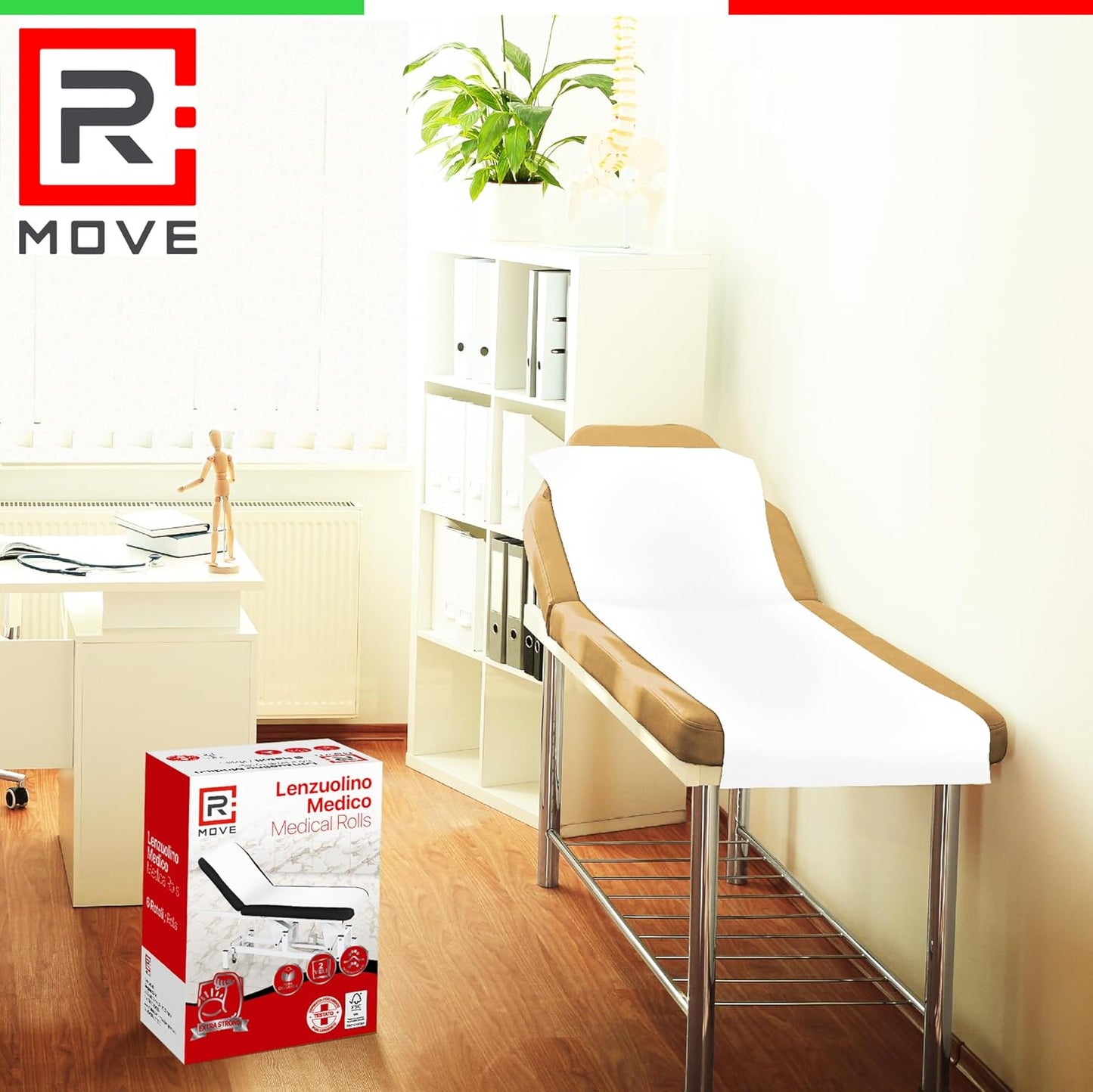 R MOVE 6 Rotoli Carta per Lettino Massaggio 60 metri, Lenzuolino Medico Monouso per lettino 60cm altezza, 2 veli pura cellulosa, lenzuolini per estetista, rotoli medici, rotolo lettino estetista