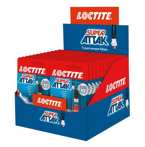 24pz LOCTITE SUPER ATTAK ORIGINAL 3gr ESPOSITORE COLLA VERSATILE MULTIUSO ATTACK