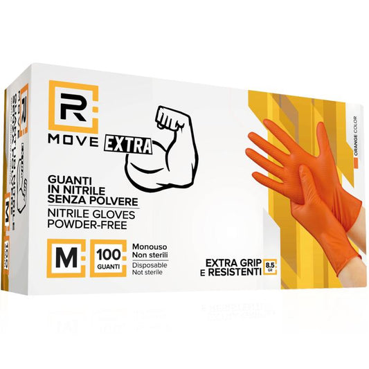 Rmove 100Pz 8.5Gr Da Lavoro Guanti Nitrile Arancione Senza Polvere Full Grip (M)
