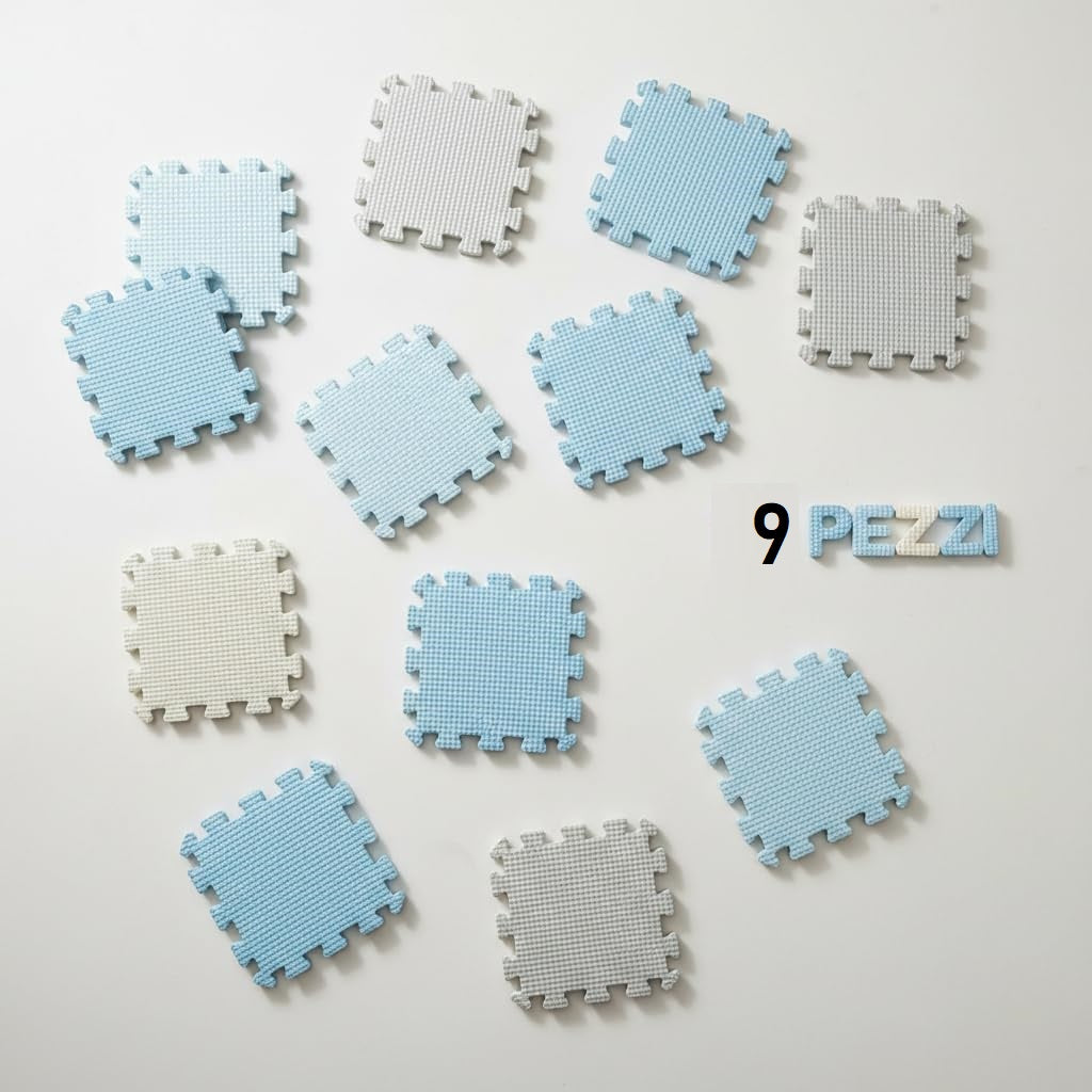 Tappeto Puzzle Antiscivolo Tappetino Multiuso per Fitness Palestra/Bambini 29,5x29,5 cm Morbido e Atossico in Gomma EVA Schiuma 30x30 Tappetone Gioco per Gattonare (9 Pezzi-Blu/Grigio)