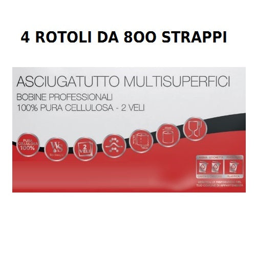 4 ROTOLONI DI CARTA BOBINA PROFESSIONALE A 800 STRAPPI ASIUGAMANI PURA CELLULOSA