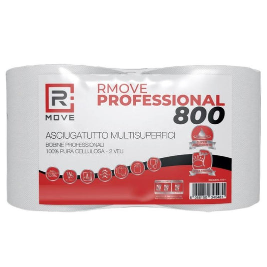 R Move 2 Rotoloni di Carta asciugatutto, Bobina industriale mani Professionale a 800 Strappi, Asiugamani Pura Cellulosa lunga durata extra resistente, assorbenti da cucina 1600 strappi totali