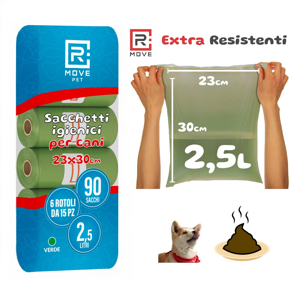 R MOVE Sacchetti Cane Cacca 90 pz (6 Rotoli)  - Sacchettini Igienici Per Cani - Buste 30x23 Resistenti Dog