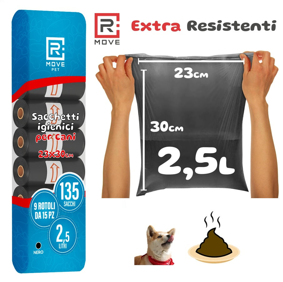 R MOVE Sacchetti Cane Cacca 135 pz (9 Rotoli)  - Sacchettini Igienici Per Cani - Buste 30x23 Resistenti Dog Pets