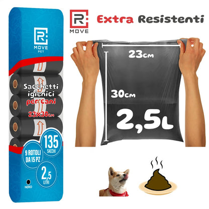 R MOVE Sacchetti Cane Cacca 135 pz (9 Rotoli)  - Sacchettini Igienici Per Cani - Buste 30x23 Resistenti Dog Pets