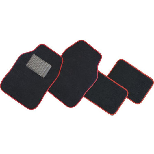 Set 4 Tappetini In Moquette Auto Universali Tappeti Con Battitacco Nero E Rosso