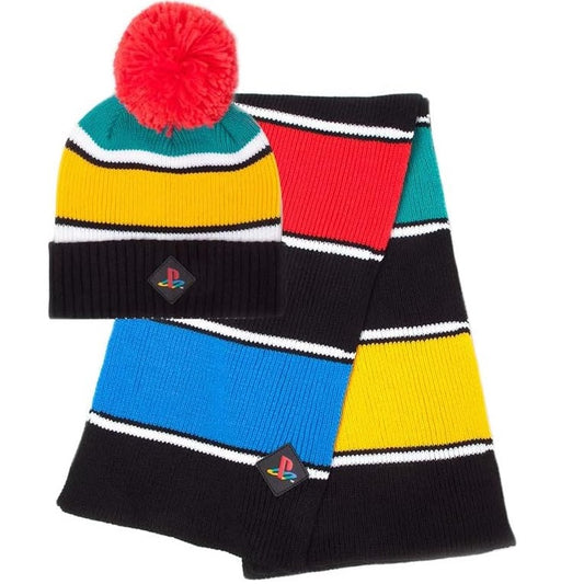 Difuzed Retro Colors - Set Cappello Berretto con pompon e Sciarpa Logo Playstation