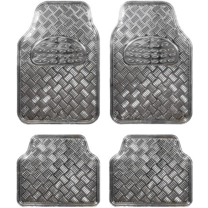 Set 4 Tappetini Tappeti Auto Universali Gomma Effetto Metallo Cromato (Argento)