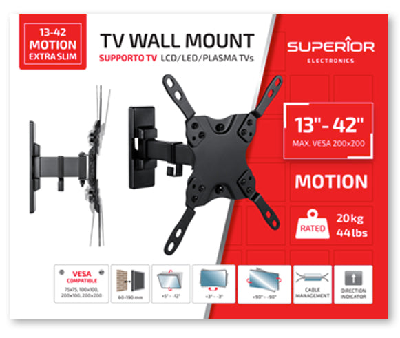 Superior Staffa Tv 13"- 42" Motion Extra Slim Acciaio 20Kg Smart Tv Led Monitor