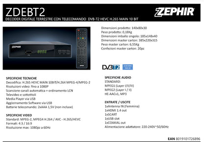 Zephir Decoder Digitale Terrestre DVB-T2 HDMI Tv Full Hd Dvb-T2 H265 10 bit Nero
