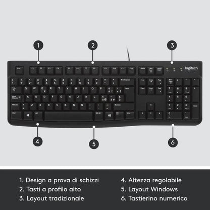 Logitech K120 Tastiera Business Pc Cablata Usb Layout Italiano Qwerty Silenziosa