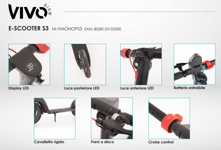 Vivo Scooter Elettrico S3 350W Black Con Batteria Removibile Monopattino Bike
