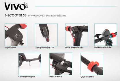 Vivo Scooter Elettrico S3 350W Black Con Batteria Removibile Monopattino Bike