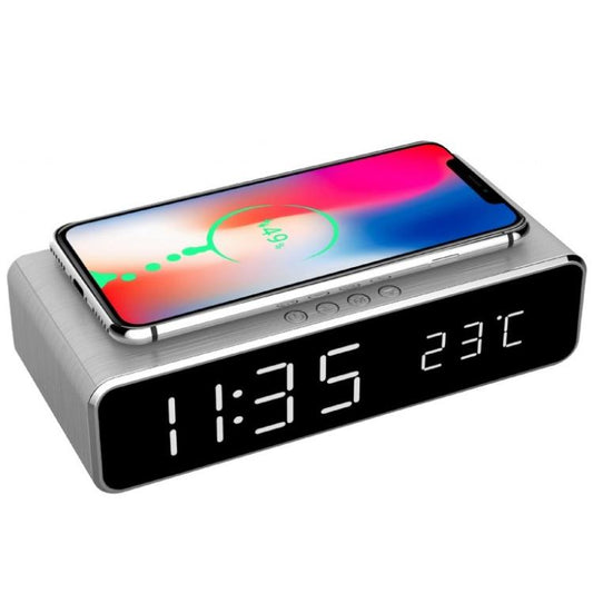 Gembird Sveglia Digitale Funzione Caricatore Wireless Ricarica Smartphone Silver