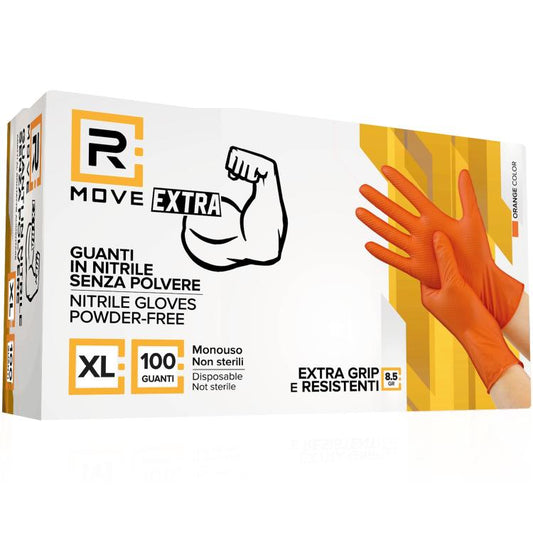 Rmove 100Pz 8.5Gr Da Lavoro Guanti Nitrile Arancione Senza Polvere Full Grip XXL