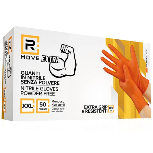 Rmove 50Pz 8.5Gr Da Lavoro Guanti Nitrile Arancione Senza Polvere Full Grip XXL
