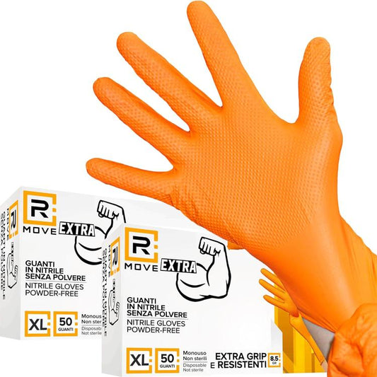 Rmove 100Pz 8.5Gr Da Lavoro Guanti Nitrile Arancione Senza Polvere Full Grip XXL