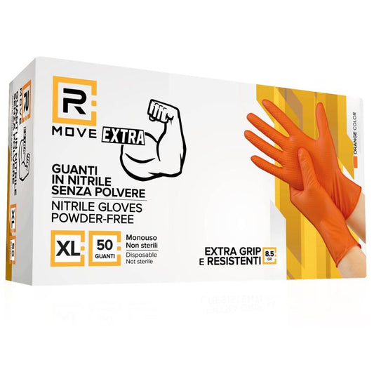 Rmove 50Pz 8.5Gr Da Lavoro Guanti Nitrile Arancione Senza Polvere Full Grip (XL)