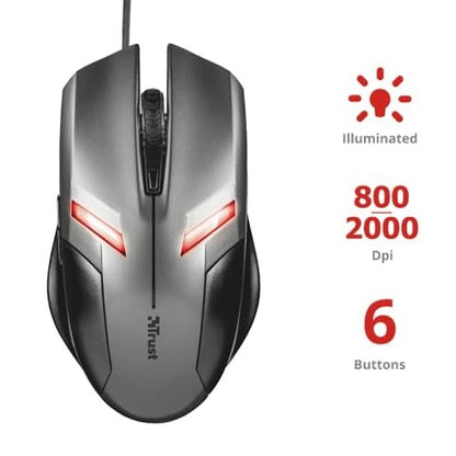 Trust Ziva Gaming Mouse Ottico Led Usb Nero 6 Pulsanti Precisione Gioco 2000 Dpi