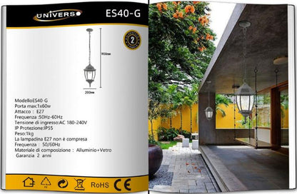 Lanterna Da Soffitto Sospensione  Con Catena Lampada Giardino Attacco E27/Grigio