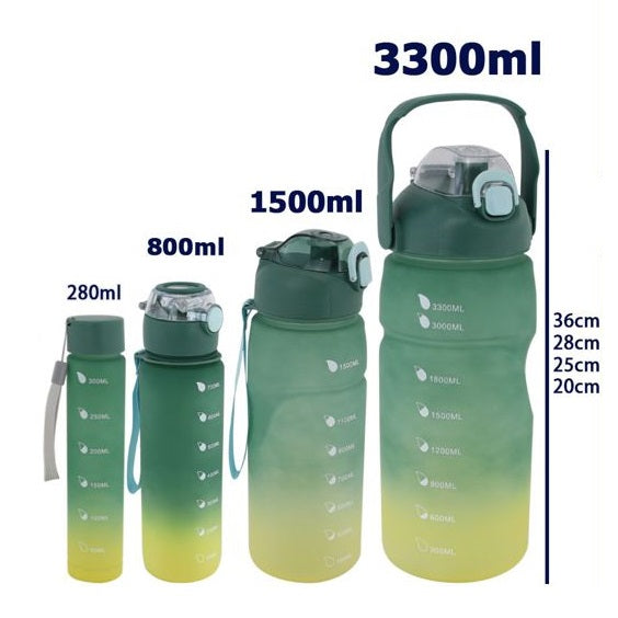 Set 4 Borraccia Sportiva Graduata Motivazionale 3.3L /1.5L/ 0.8L/0.28L con Cannuccia, Set di 4 Bottiglie per Acqua e Bevande, Grande Capacità, senza BPA, Portatile, per Campeggio, Fitness, Sport, Calcio, Pallavolo, Viaggio, Ufficio