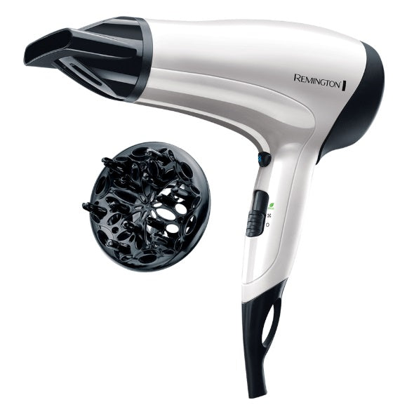 Remington D3015 Asciugacapelli Professionale Remington, Leggero, Griglia Ionica in Ceramica, 2000W, 3 livelli di riscaldamento, 2 Potenze di ventilazione, due ugelli per lo styling Phon per Capelli Lisci e Ricci + diffusore, White