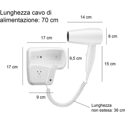 Asciugacapelli a Muro Phon Parete per Alberghi Hotel Bagno Spogliatoi Palestra
