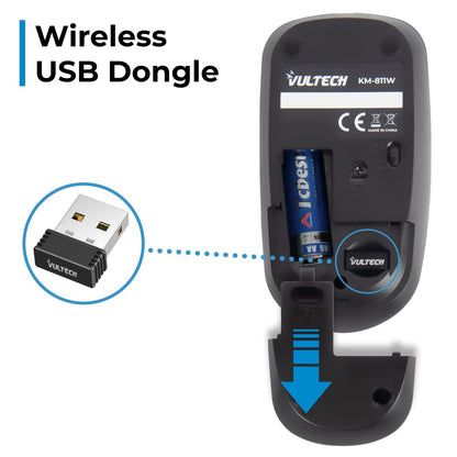 VulTech KM-811W Kit Tastiera e Mouse Wireless con Clic Silenziosi, Layout Italiano QWERTY Compatta, Tastierino Numerico, 12 Tasti Multimediali, Protezione Liquidi,PC/Mac/Linux - Nero