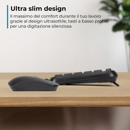 VulTech KM-811W Kit Tastiera e Mouse Wireless con Clic Silenziosi, Layout Italiano QWERTY Compatta, Tastierino Numerico, 12 Tasti Multimediali, Protezione Liquidi,PC/Mac/Linux - Nero