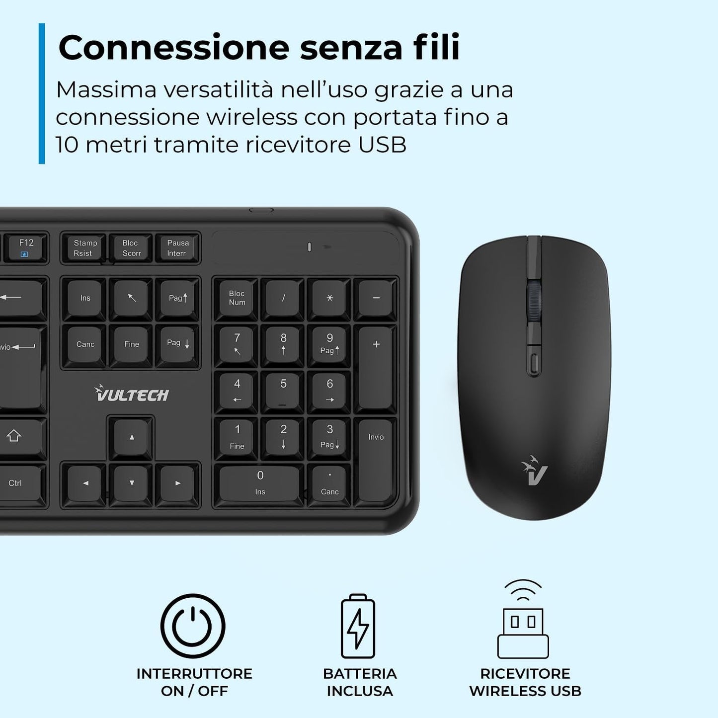 VulTech KM-811W Kit Tastiera e Mouse Wireless con Clic Silenziosi, Layout Italiano QWERTY Compatta, Tastierino Numerico, 12 Tasti Multimediali, Protezione Liquidi,PC/Mac/Linux - Nero