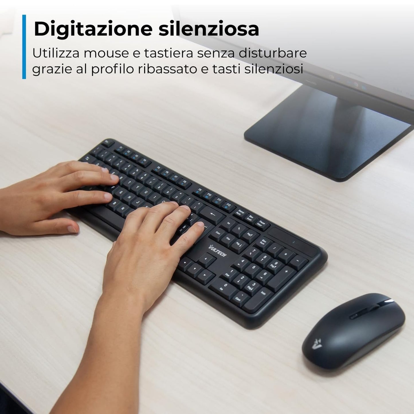 VulTech KM-811W Kit Tastiera e Mouse Wireless con Clic Silenziosi, Layout Italiano QWERTY Compatta, Tastierino Numerico, 12 Tasti Multimediali, Protezione Liquidi,PC/Mac/Linux - Nero