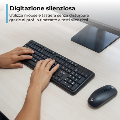 VulTech KM-811W Kit Tastiera e Mouse Wireless con Clic Silenziosi, Layout Italiano QWERTY Compatta, Tastierino Numerico, 12 Tasti Multimediali, Protezione Liquidi,PC/Mac/Linux - Nero