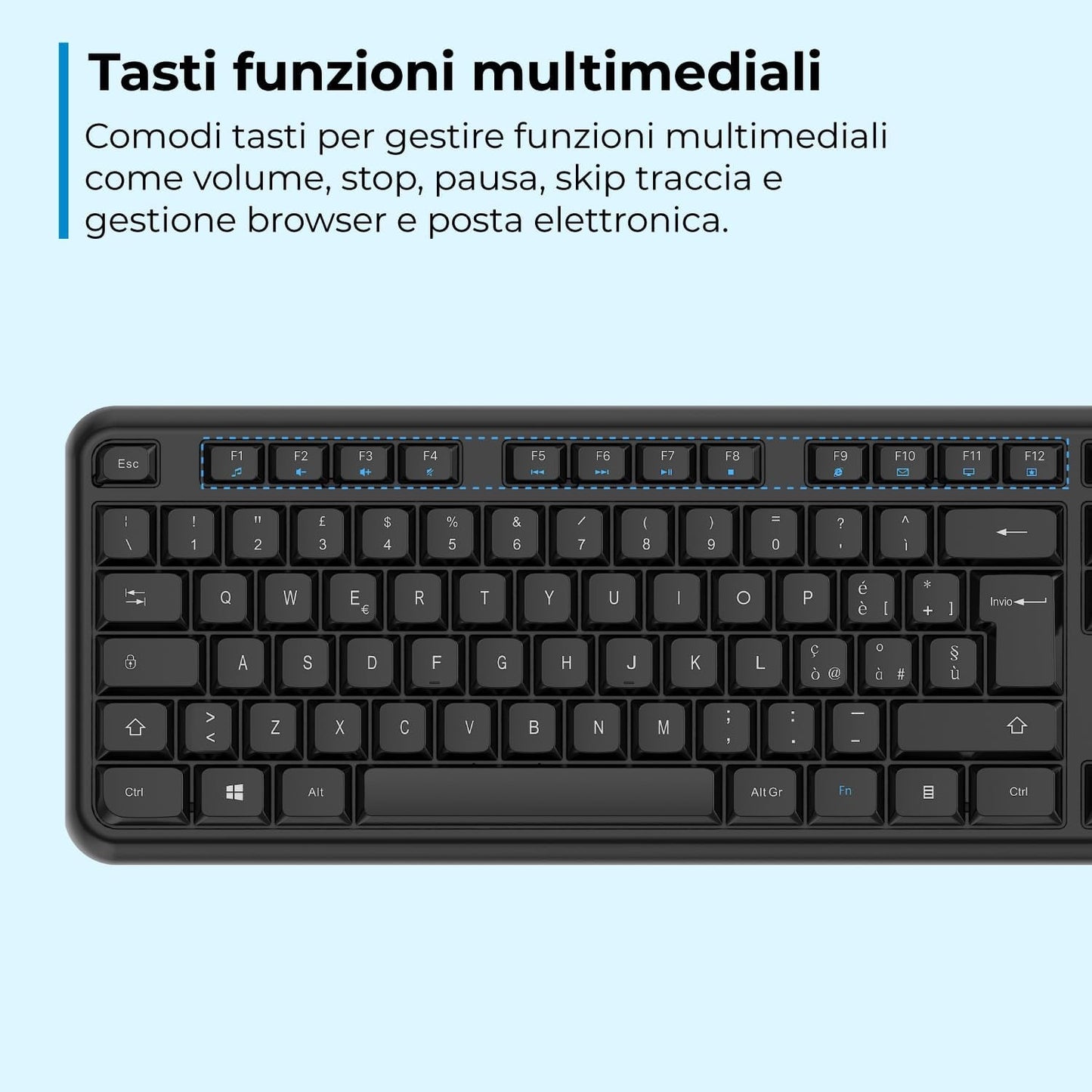 VulTech KM-811W Kit Tastiera e Mouse Wireless con Clic Silenziosi, Layout Italiano QWERTY Compatta, Tastierino Numerico, 12 Tasti Multimediali, Protezione Liquidi,PC/Mac/Linux - Nero
