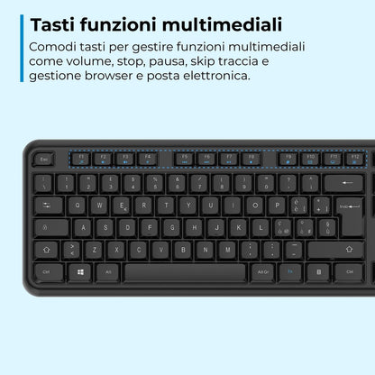 VulTech KM-811W Kit Tastiera e Mouse Wireless con Clic Silenziosi, Layout Italiano QWERTY Compatta, Tastierino Numerico, 12 Tasti Multimediali, Protezione Liquidi,PC/Mac/Linux - Nero