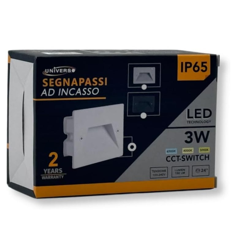 Universo Es49-G3c Punto Luce Segnapasso Rettangolare Led ad Incasso Cambia Colore CCT 3in1 da 3w 24° Da Esterno Ip65 Scatola 503 per Scale Giardino - Grigio