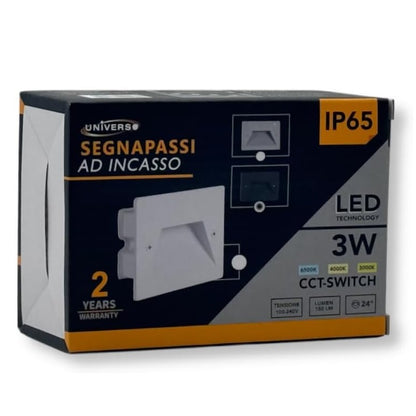 Universo Es49-G3c Punto Luce Segnapasso Rettangolare Led ad Incasso Cambia Colore CCT 3in1 da 3w 24° Da Esterno Ip65 Scatola 503 per Scale Giardino - Nero