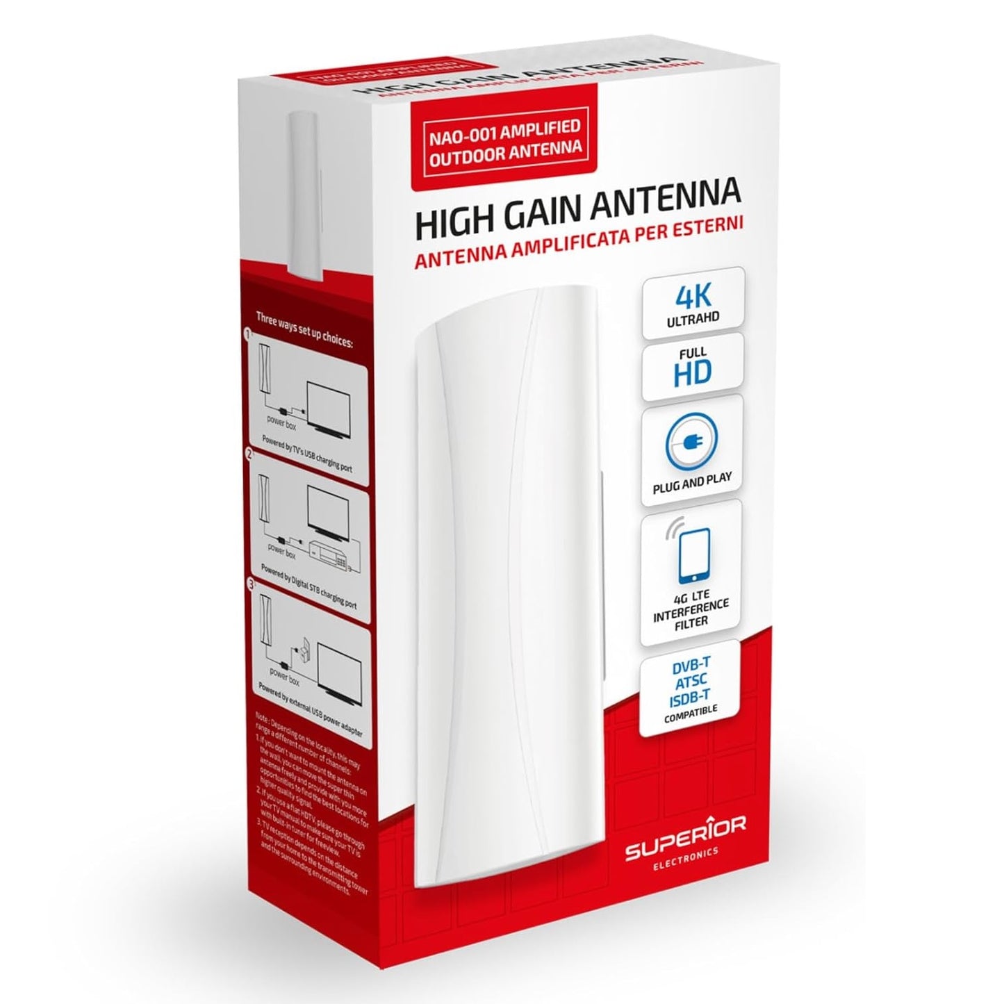 Superior Electronics Antenna TV da Esterno Amplificata - Outdoor Pro, HD/Full HD/Ultra HD, DVB-T2 Ready, Filtro 5G LTE Casa Camper - SUPNAO001