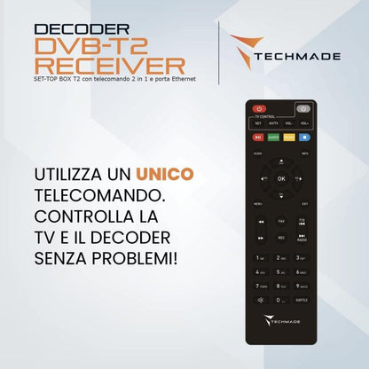 Techmade Decoder Digitale Terrestre Tv Full Hd Dvb-T2/Tc Usb 2.0 Con Telecomando