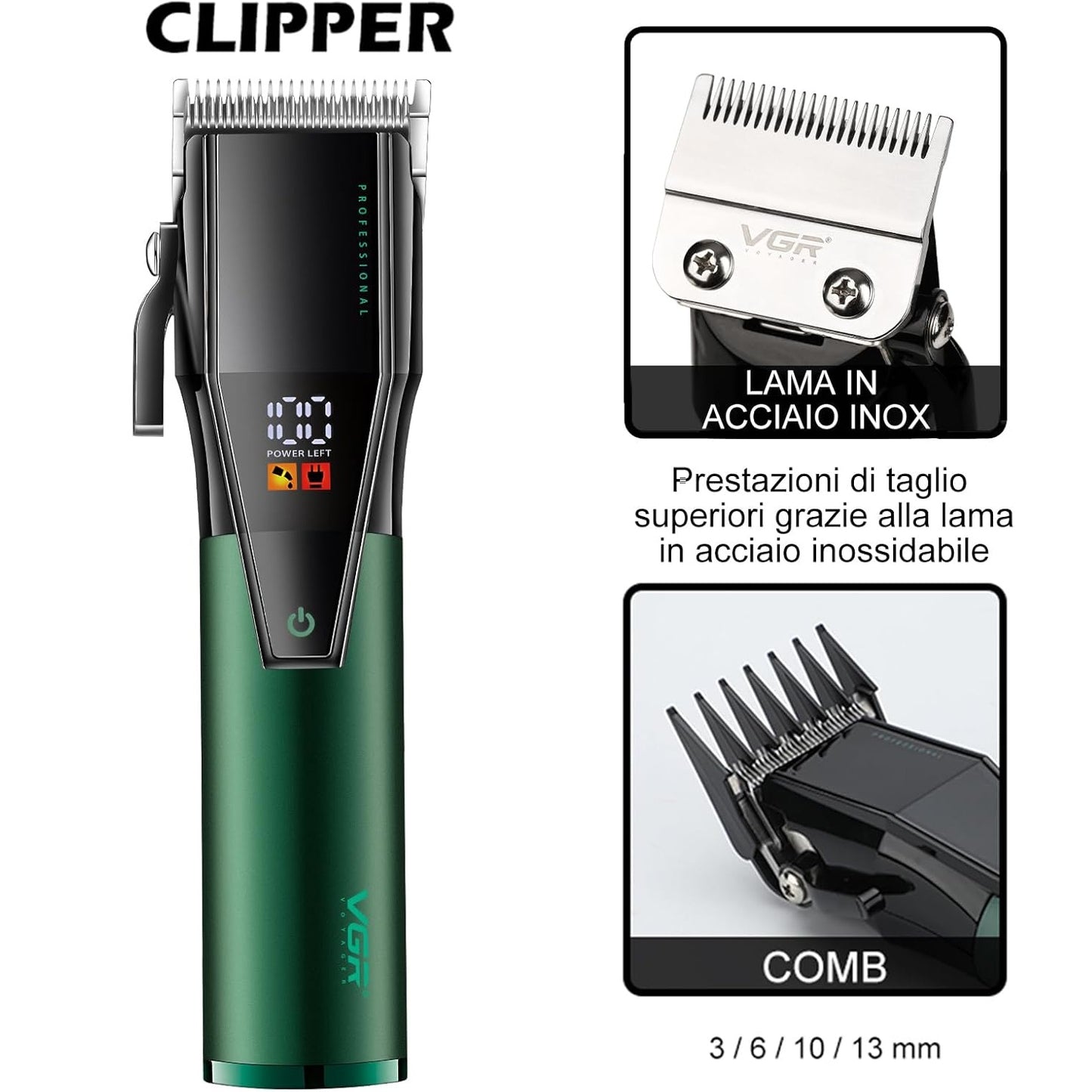 Vgr V-677 (Combo) Tagliacapelli e Rasoio Barba Clipper Trimmer Professionale Led per Barbieri Elettrico Ricaricabile